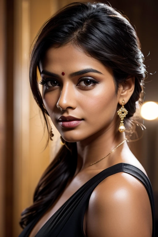 [[Textured Crop]] Portrait of most beautiful and attractive Indian woman in her 30s as a beautiful female model, beautiful face, dramatic lighting, trending on art-station, portrait, digital art, modern, sleek, highly detailed, formal, determined, pink liner lipstick, soft lips, black eyes, happy,