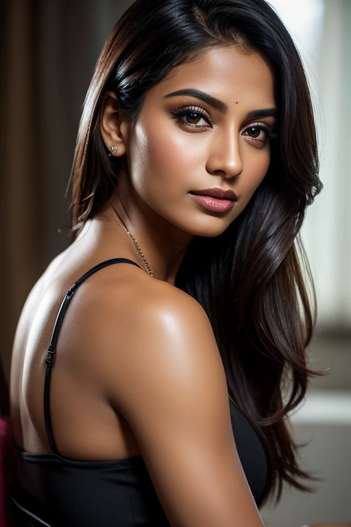 [[Textured Crop]] Portrait of most beautiful and attractive Indian woman in her 30s as a beautiful female model, beautiful face, dramatic lighting, trending on art-station, portrait, digital art, modern, sleek, highly detailed, formal, determined, pink liner lipstick, soft lips, black eyes, happy,