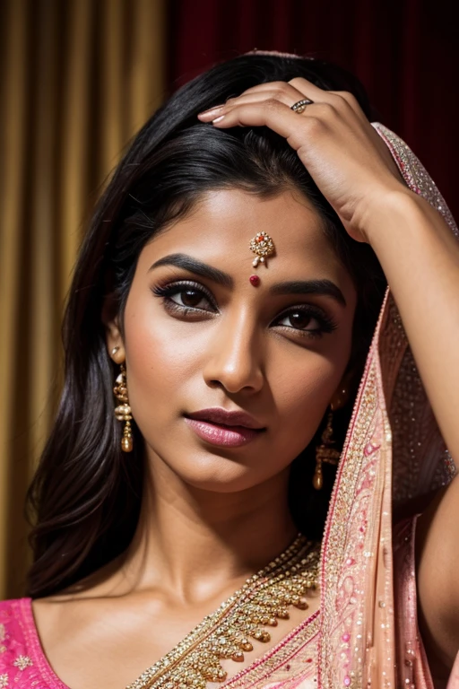 [[Textured Crop]] Portrait of most beautiful and attractive Indian woman in her 30s as a beautiful female model, beautiful face, dramatic lighting, trending on art-station, portrait, digital art, modern, sleek, highly detailed, formal, determined, pink liner lipstick, soft lips, black eyes, happy,