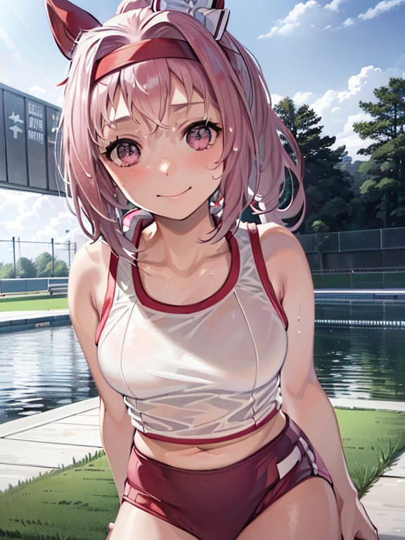 one girls,ers old,japanes,(((White Sports Bra))),portlate,,Wet with sweat,Natural smile,Clothes are wet,High quality, detail, Depth and finesse。Maintain finger shape、Official art。Natural light,((Realism: 1.2)), Official art,  glint, Highly detailed caste best quality:1.4),On the lawn,((run))