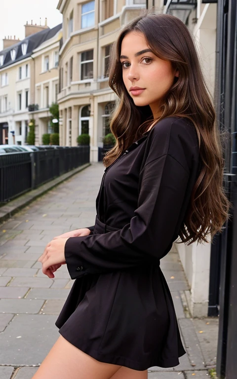 1 fille brune, Long Wavy Hair, brune, dark brown eyes, Condo, nounous, belle petite robe, Influenceuse Instagram, montre sa tenue, belle robe, dans les rue de londres