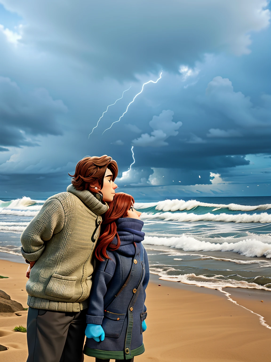 there are two people standing on the beach with a kite in the sky, cold stormy wind, against a stormy sky, at the sea, standing near the beach, , standing at the beach, edited, stormy day, looking at the ocean, posing on a beach with the ocean, with ominous storm clouds, with dramatic sky, make DİSNEY PİXAR ANİMATED CHARACTER
