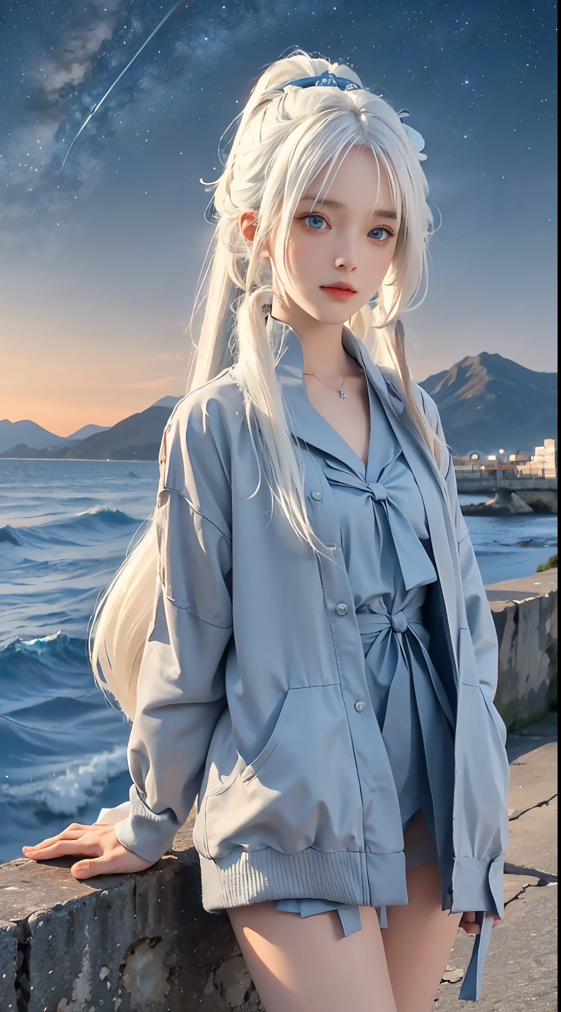 anime character,A girl with white hair and blue eyes,starry sky,beautiful detailed eyes,look at viewer,seaside,Nightscape,A girl with two ponytails,sea,Mountains in the distance,Expressionles