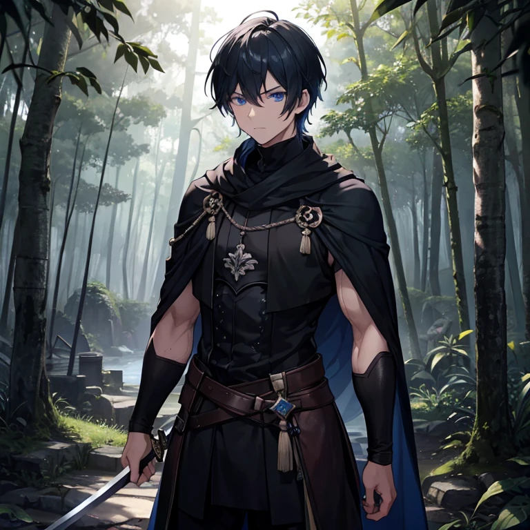 (highres:1.2),(best quality,ultra-detailed),a boy swordsmen,black cloak,black hair,blue eyes,detailed facial features,strong and muscular build,sharp sword,focused expression,dynamic stance,medieval fantasy setting,misty forest background,dappled sunlight,moody atmosphere,contrasting light and shadows,vivid colors with deep blues and greens,ethereal glow,lush foliage,ancient ruins in the distance,mysterious aura.