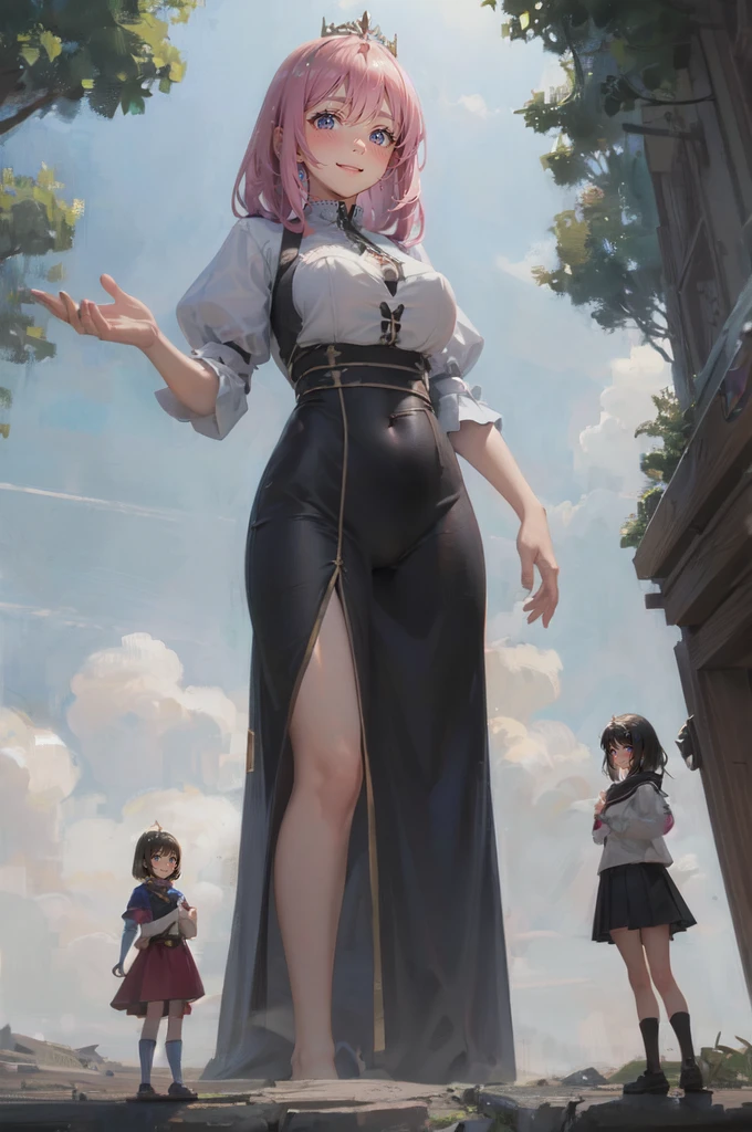 (height_difference:1.2), (size_difference:1.1), (3girls:1.4), a giantess and a minigirl standing next to each other, simple background, (giantess:1.1), minigirl, (princess:1.1), (adult women: 1.2), (fantasy castle town: 1.1), (rear_end), cameltoe, navel