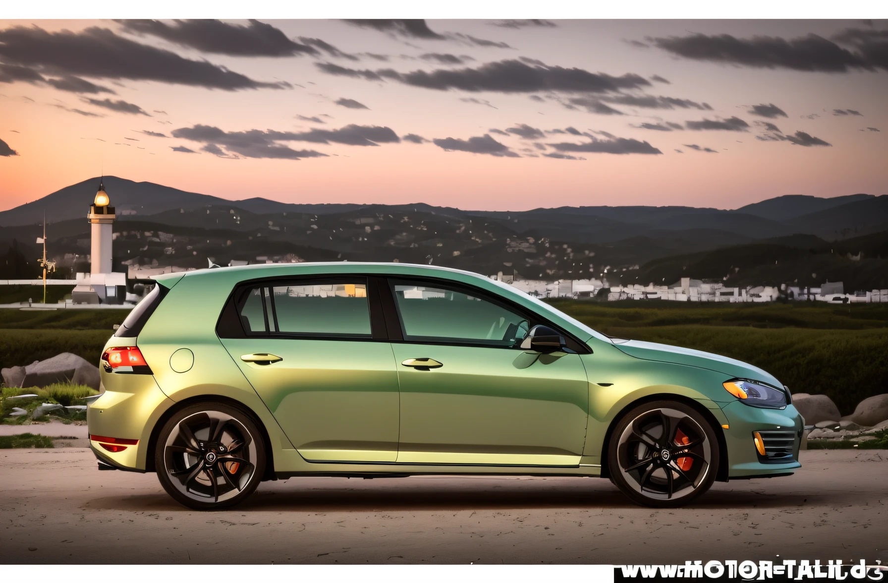 A light green Arafed car is parked on the road near a pond, shot at golden hour, high picture quality, Hyper-realistic", Hyper-realistic", car commercial photograph, View your profile, wide image, 🤬 🤮 💕 🎀, WRX Golf, see photos, 3840x2160, 3840 x 2160, Thumbnail
