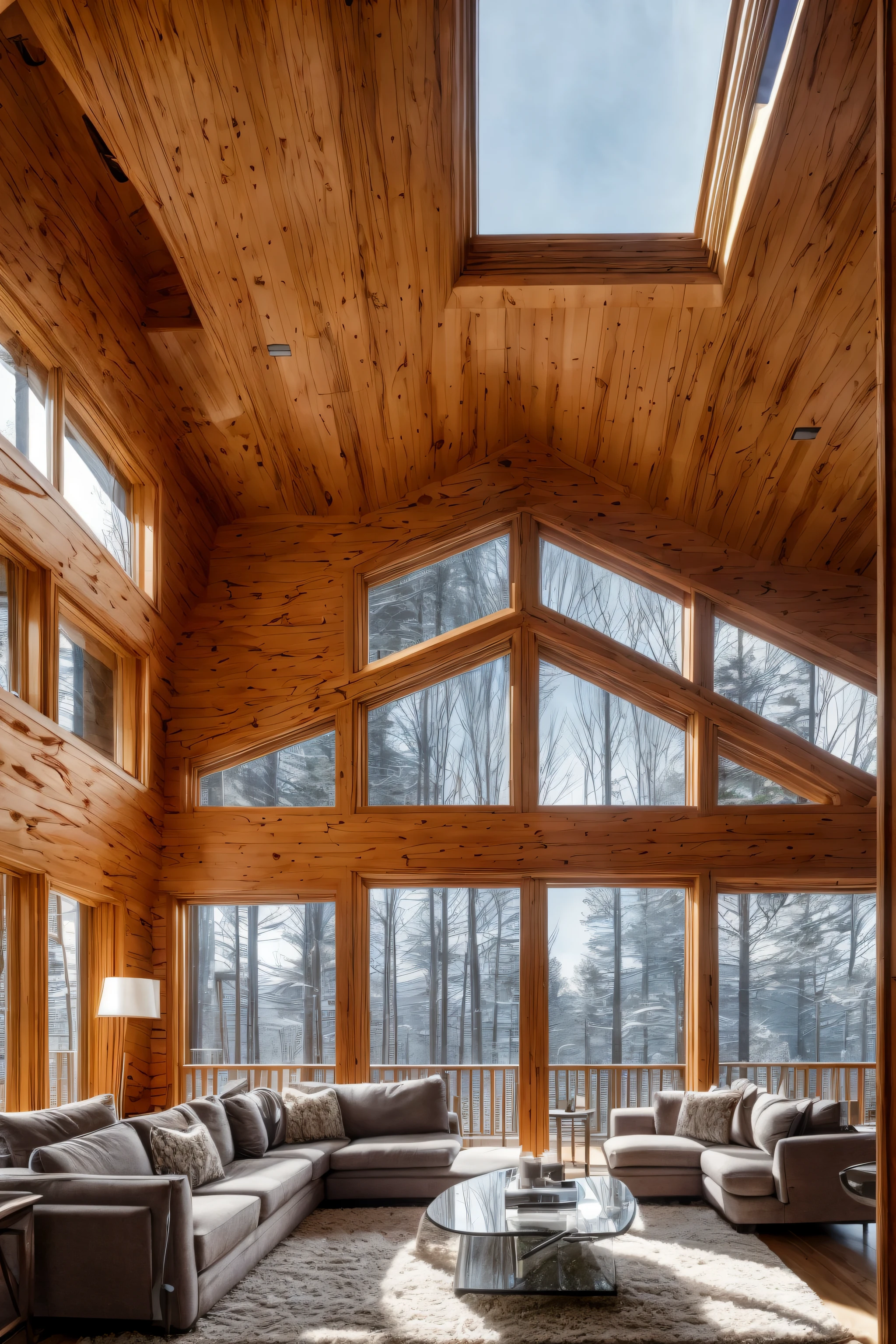 A double-height ceiling living room with a large, floor-to-ceiling window on one side log cabin. Outside is a dark snow-covered landscape. The living area is furnished with plush, contemporary sofas and chairs in neutral tones, grouped around a low, central coffee table. The room's color palette is composed of dark brown and warm tones, with the soft lighting from various lamps adding a cozy ambiance.
(masterpiece),(high quality), best quality, real,(realistic), super detailed, (full detail),(4k),8k,scenery, sky, outdoors, day, building, water, blue sky, watercraft, boat, reflection, flower, signature