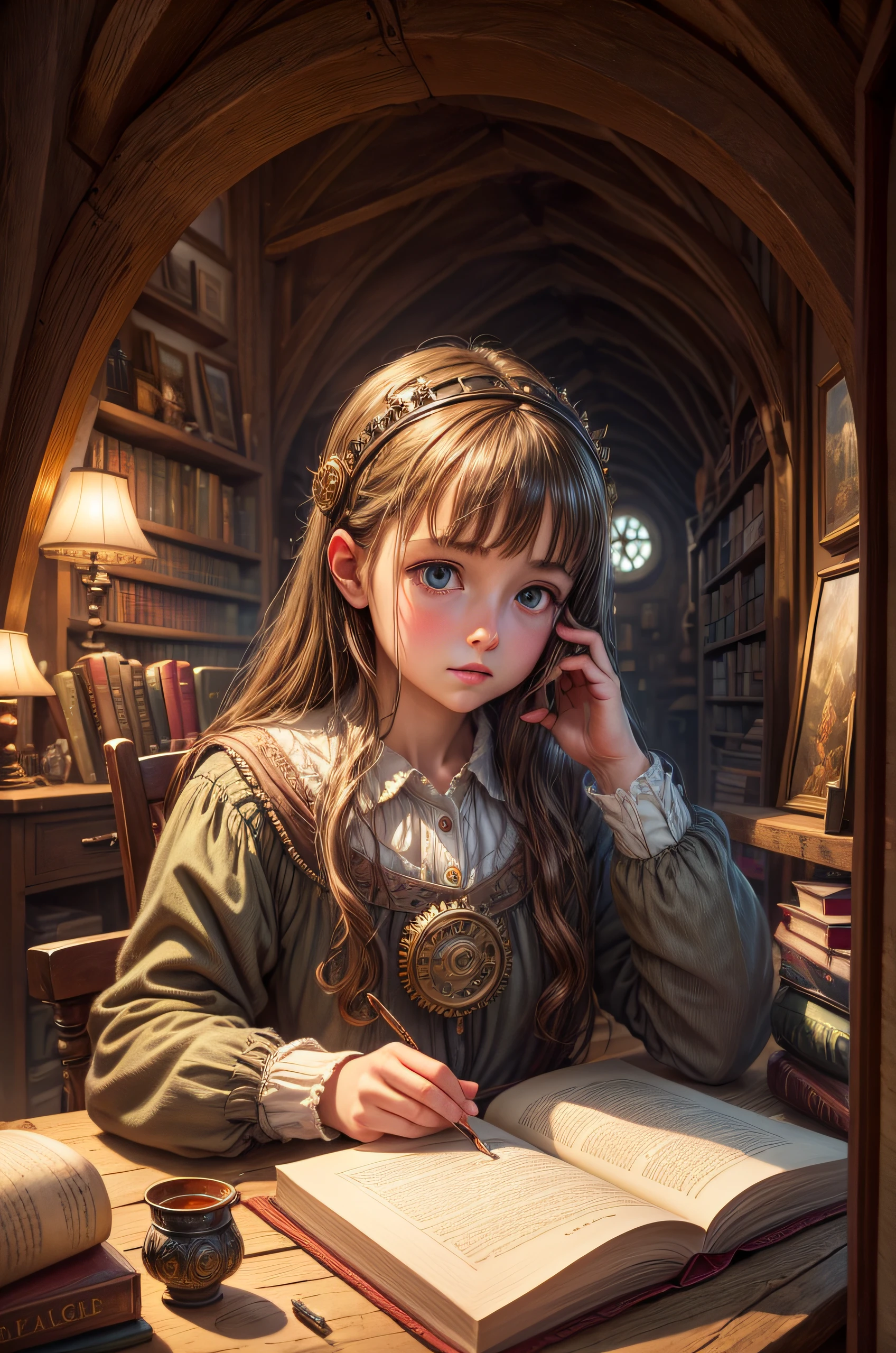 "Photorealistic painting, ((captivating)) scene of a girl absorbed in reading, antique books, cozy hobbit cave, intricate clock with moving gears, ((nostalgic)), detailed, warm palette"