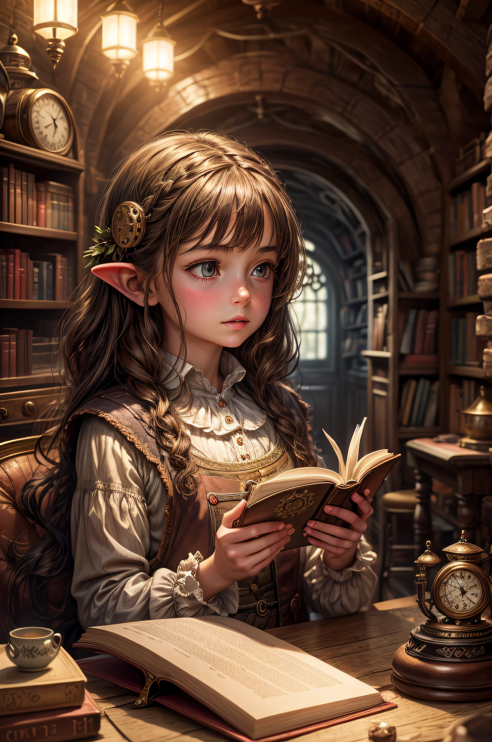 "Photorealistic painting, ((captivating)) scene of a girl absorbed in reading, antique books, cozy hobbit cave, intricate clock with moving gears, ((nostalgic)), detailed, warm palette"