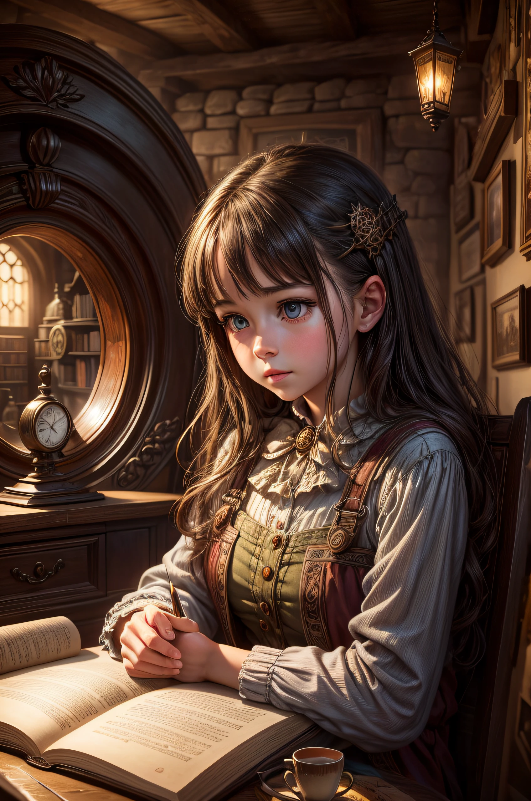 "Photorealistic painting, ((captivating)) scene of a girl absorbed in reading, antique books, cozy hobbit cave, intricate clock with moving gears, ((nostalgic)), detailed, warm palette"