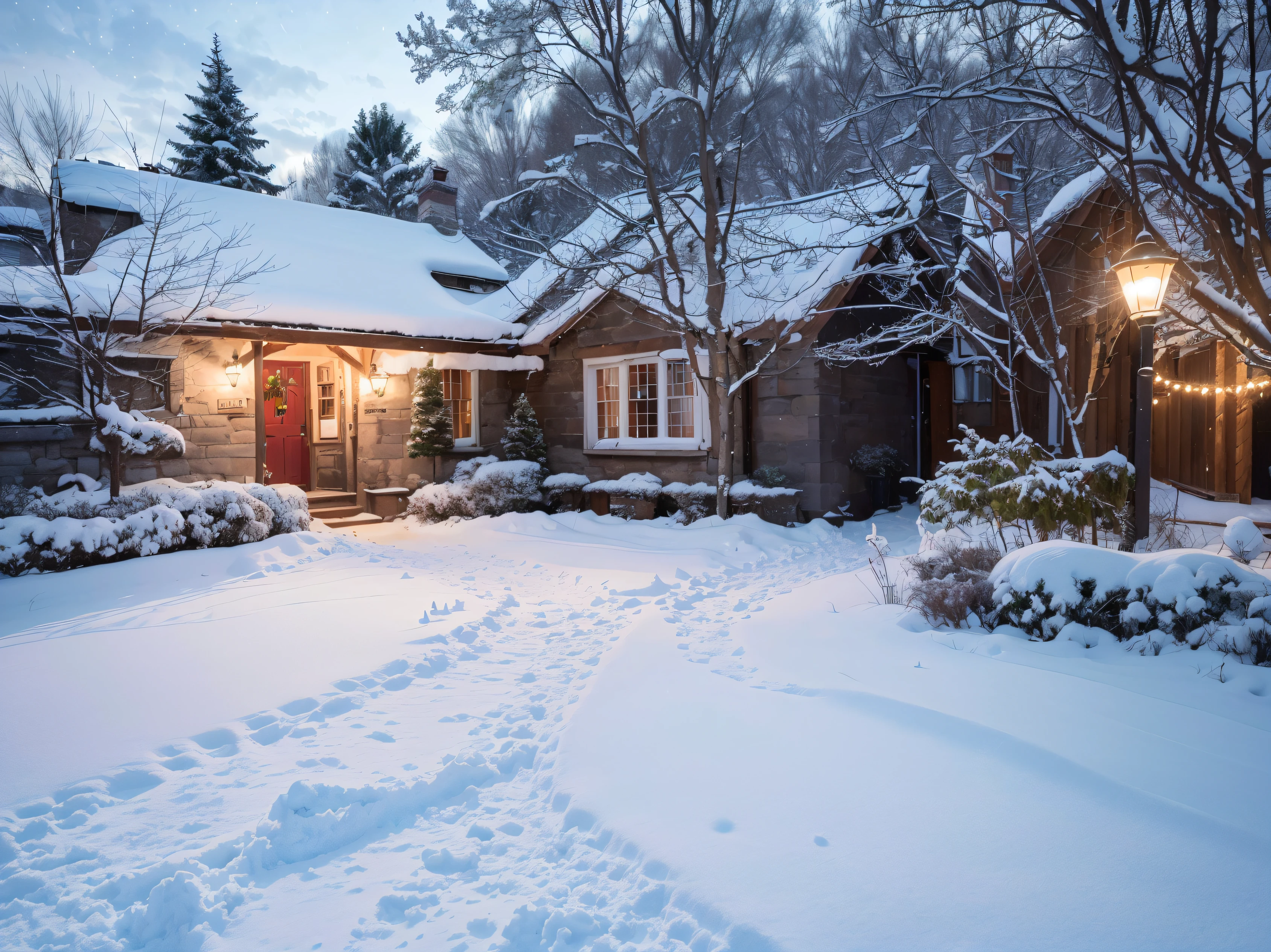 (best quality,4k,8k,highres,masterpiece:1.2),ultra-detailed,(realistic,photorealistic,photo-realistic:1.37),winter scenery,snow-covered landscape,captivating winter night,starlit sky,winding road lined with snow,quaint old country cottages,Christmas trees adorned with lights and ornaments,lush bushes covered in snow,old street lamps casting a warm glow