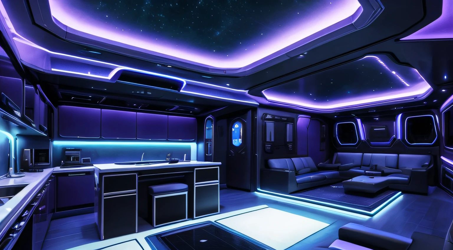 interior muy espaciosa de una nave espacial sci fi, con tonos neones, azules, verdes, violetas y rojos, parece una casa interiormente, hay una sala de estar y diversos silosnes ademas de aparatos electronicos