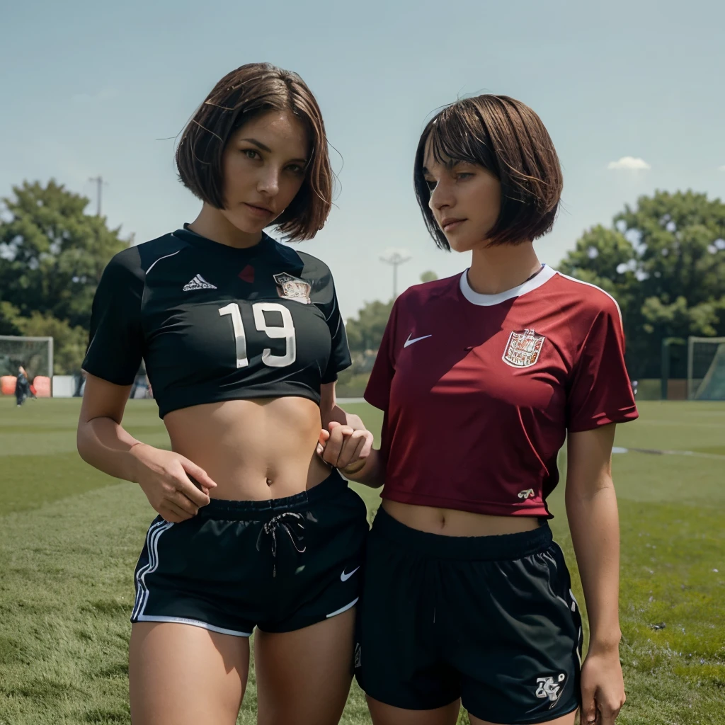 two beautiful ladies in tight soccer jersey, tight shorts, in the middle of the field, bob cut hair