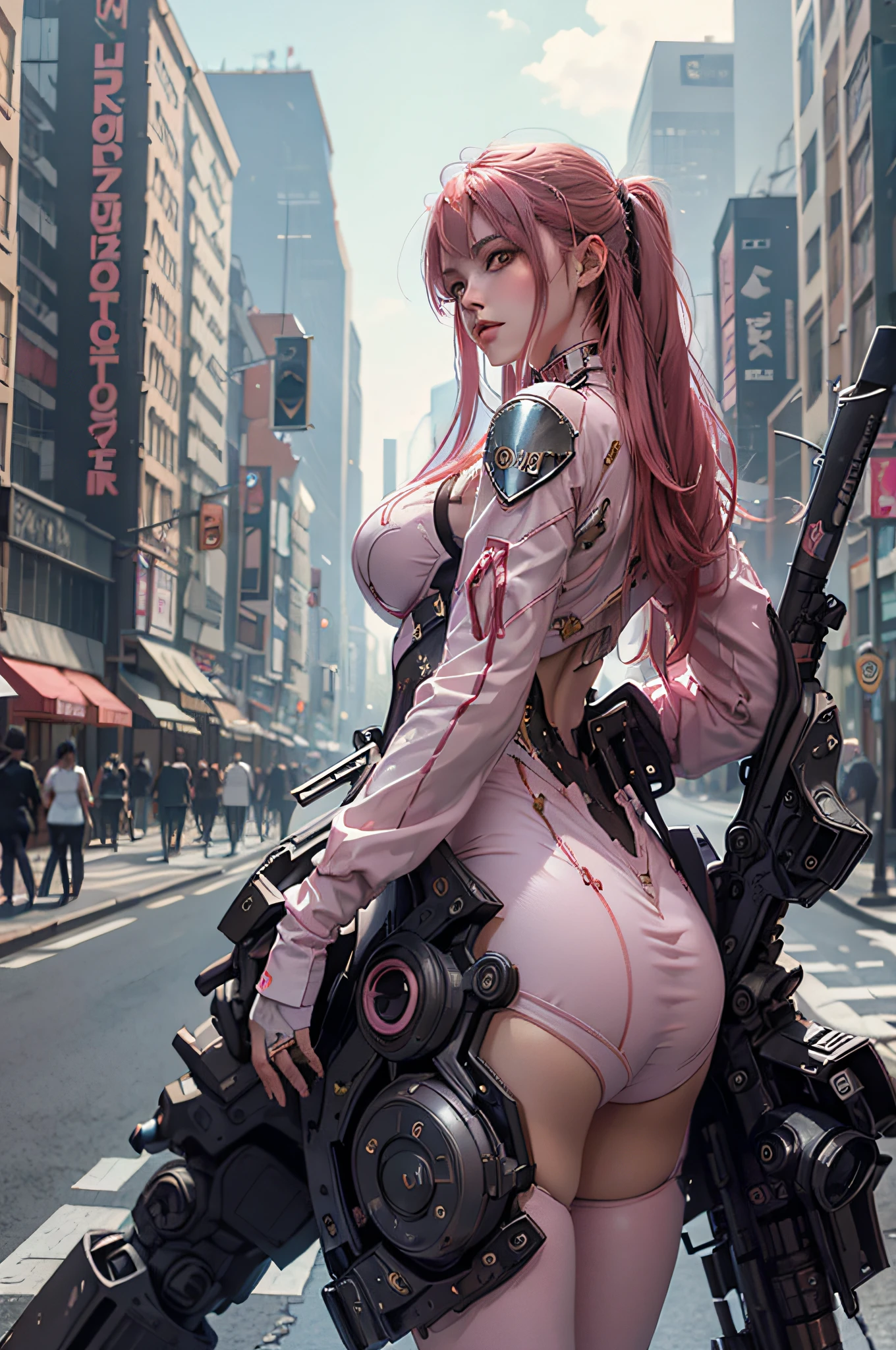 Beautiful Maiden, blushed face, rotes haar, Sonnenschein, beautiful city, Erkundungsstadt, mid large breasts, ohne bh, Fantasy Stadt, Draufsicht auf die Stadt, Girl with mecha suite, gelbe Mecha-Suite, fokus auf den hintergrund, cyberpunk, pink lila blaue belichtung