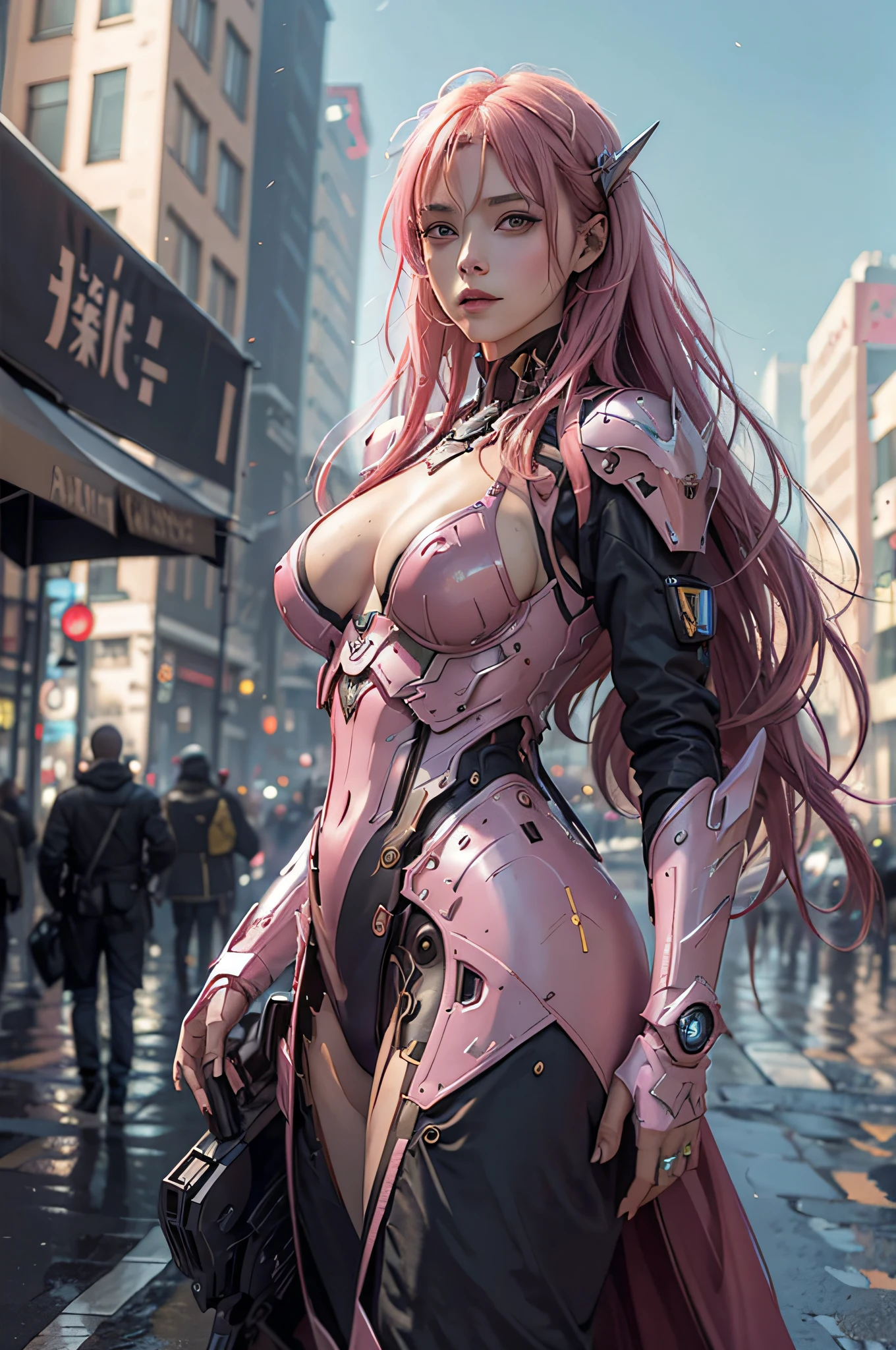 Beautiful Maiden, blushed face, rotes haar, Sonnenschein, beautiful city, Erkundungsstadt, mid large breasts, ohne bh, Fantasy Stadt, Draufsicht auf die Stadt, Girl with mecha suite, gelbe Mecha-Suite, fokus auf den hintergrund, cyberpunk, pink lila blaue belichtung