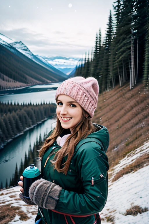 1 girl ((upper body selfie, happy)), masterpiece, best quality, ultra-detailed, solo, outdoor, (night), mountains, nature, (stars, moon) cheerful, happy, backpack, sleeping bag, camping stove, water bottle, mountain boots, gloves, sweater, hat, lantern, forest, stones, river, wood, smoke, shadows, contrast, clear sky, style, (warm hue, warm tone)