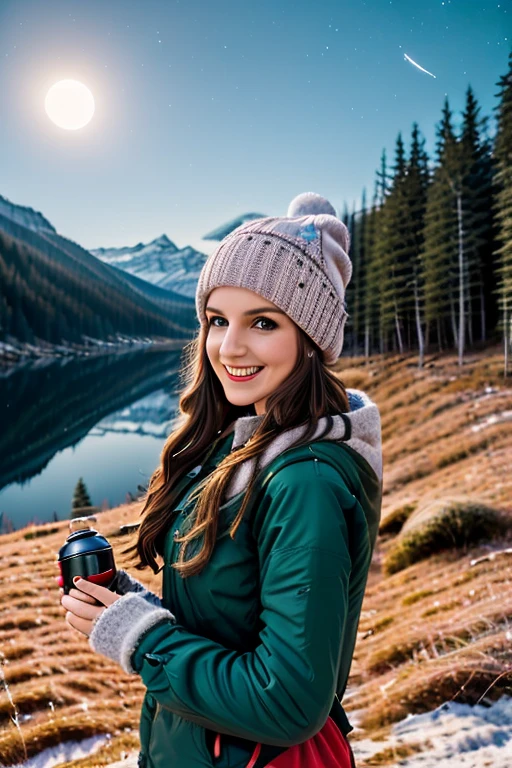 1 girl ((upper body selfie, happy)), masterpiece, best quality, ultra-detailed, solo, outdoor, (night), mountains, nature, (stars, moon) cheerful, happy, backpack, sleeping bag, camping stove, water bottle, mountain boots, gloves, sweater, hat, lantern, forest, stones, river, wood, smoke, shadows, contrast, clear sky, style, (warm hue, warm tone)