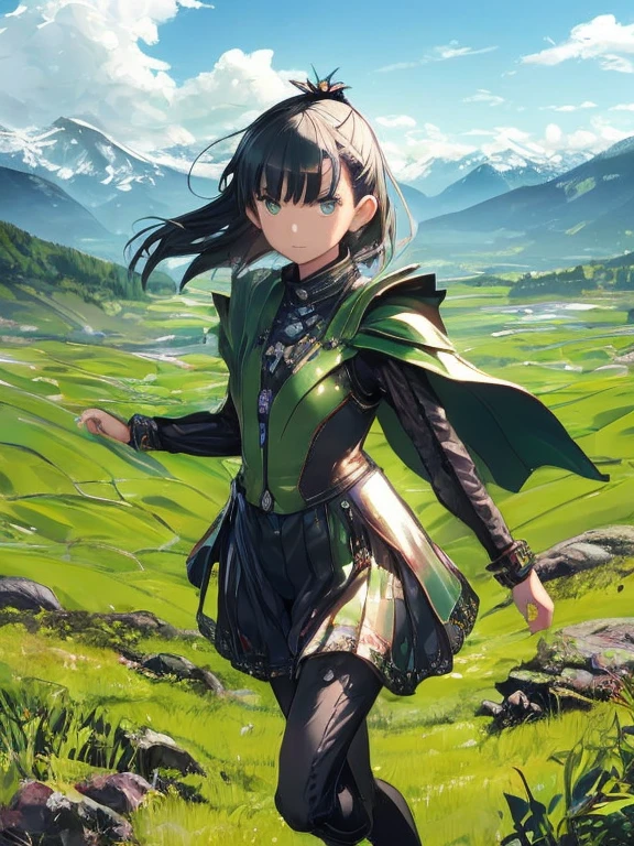 In a green meadow stands a girl leading a group of knights.
BREAK
With a brave expression, she guides them towards their destination.
BREAK
Behind her, a green forest stretches out and beyond that, mountains rise in the distance.
BREAK
The most suitable effect for this scene would be a watercolor painting technique to capture the softness of the meadow and the fluidity of the movement.