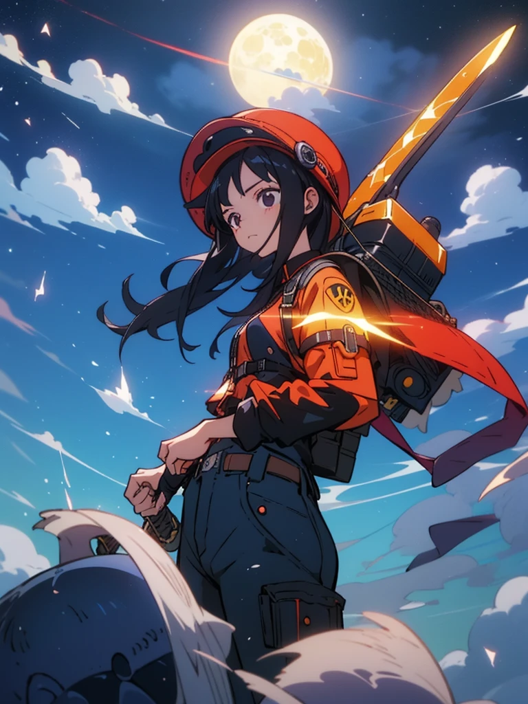 1female,onlyone female, onegirl,teenager, black long hair, black hair, black eye, goggles, black and maroon uniform , adventure, dressed modestly , fully dressed , apocalypse style, hat, cloudwhale, whale , vibe, perfect details, super detail, beautiful,twinkling light ,  powersuit, cargo pant,techwear , night time, night, star, shooting star , moon light , PPE suit, Personal Protective Equipment, traveler, small sword,