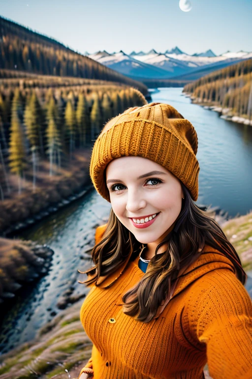 1 girl ((upper body selfie, happy)), masterpiece, best quality, ultra-detailed, solo, outdoor, (night), mountains, nature, (stars, moon) cheerful, happy, backpack, sleeping bag, camping stove, water bottle, mountain boots, gloves, sweater, hat, lantern, forest, stones, river, wood, smoke, shadows, contrast, clear sky, style, (warm hue, warm tone)