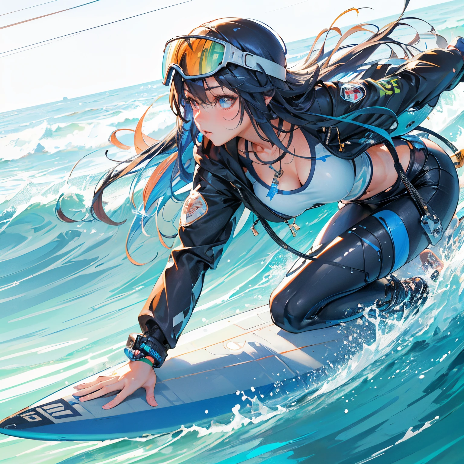 (Best Quality, masutepiece),ultra detailed photographic,1girl in, Female Surfer ,Large breasts,nice legs,At the surfing venue,Detailed beautiful face,Beautiful eyes,detailed hairs,detailed  clothes,Detailed realistic skin,cool,Dynamic Angle,