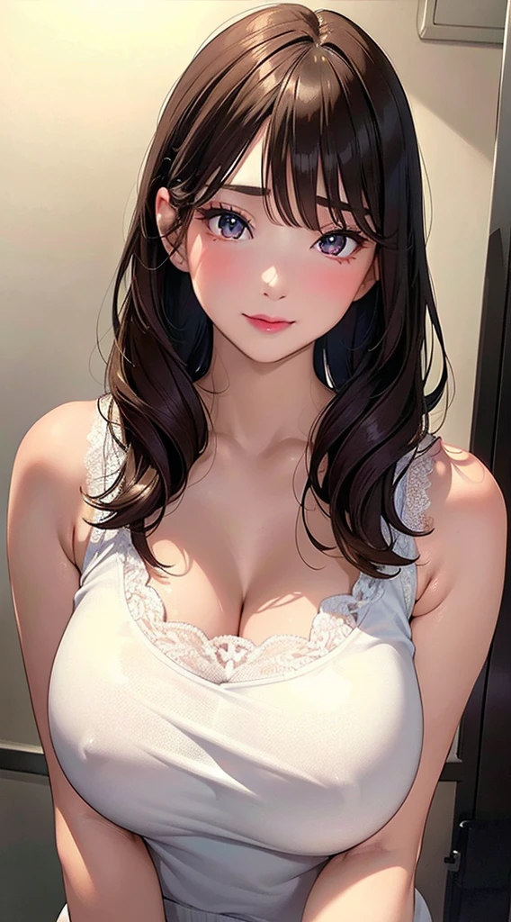 (masutepiece: 1.3), (max resolution: 1.2), (Ultra HDTV: 1.2), cinematric light, (8K resolution), ((Detailed eyes and skin, detailed facial features, Perfect limbs, perfect fingers, Anatomically accurate body, Fingers in natural shape)), (Sharp Focus: 1.2), (Focus is on the upper body:1.2), Perfect Style, (Beautiful face, kawaii eyes, Clear eyes), acurate, Anatomically correct, Highly detailed face and skin texture, Detailed eyes, Double eyelids, Thin eyebrows, Glitter Eyeliner: 1 Natural cheeks, Glossy skin, Fair skin: 1.2, (Glossy lips: 1.4), (Highly detailed facial and skin texture, Detailed eyes, Double eyelids, Natural cheeks, ,shiny lips: 1.4), ((Full body like)), (red blush, embarrassed from:1.1), Black bra, (shiny lips: 1.2), (Soft breasts, Firm chest, Lustrous breasts, large udder, cleavage of the breast), red blush、embarrassed from, Underwear peeks out, Neat and clean woman, 28 years old, 1 persons, sexual excitement, bangs flowing diagonally, Long, Hair fluttering in the wind, (Black hair, Little brown hair, Lustrous hair),(#cute white tank top, tank top with lace, #lovely, #rcasual, #feminine, #JINS), #Women's Room, #Pose showing off big breasts, #Gentle expression, #a smile,
