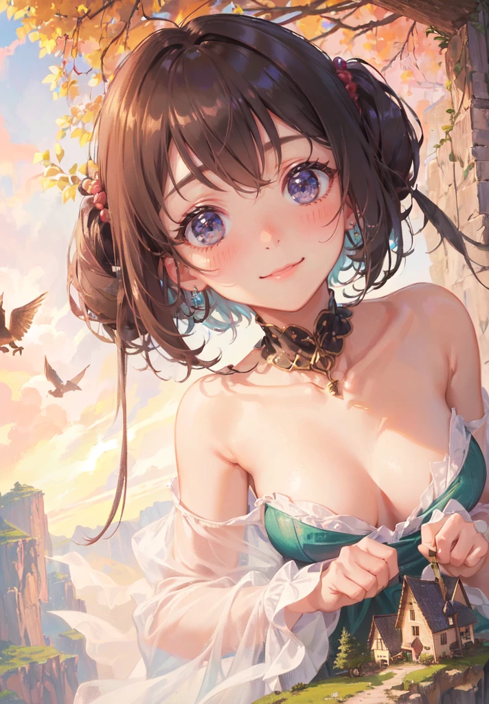 (a tiny village with crowd of adventurers on a tiny hill in front of the breasts of a giantess: 1.2), a giantess looming over tiny adventurers on a tiny hill, (tiny adventurers: 1.1), (tiny village and crowd of adventurers on a tiny cliff in front of a girl: 1.4), (height_difference:1.2), (size_difference:1.1), giantess girls in the background, simple background, (dark deep forest:1.1), (giantess:1.1), (collarbone), upper body, giantess girls in the background, multiple girls, (2girls:1.4), (giantess:1.1),deep dark forest, squatting, warriors, knights, (cute dress: 1.2), hills, cliffs, tiny village, dark forest