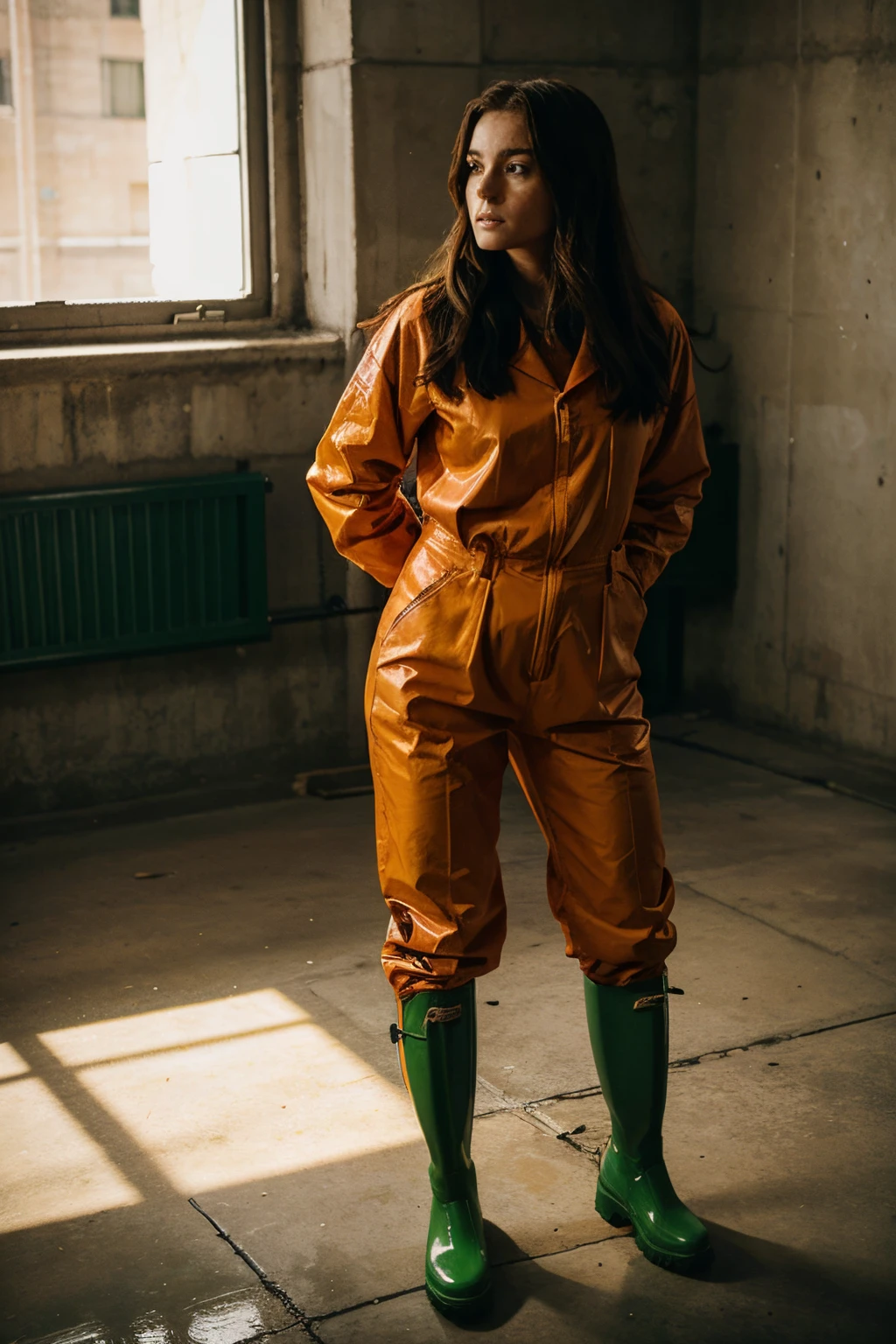 a girl in court bound and chained, wearing an orange prison jumpsuit and green Hunter rubber boots