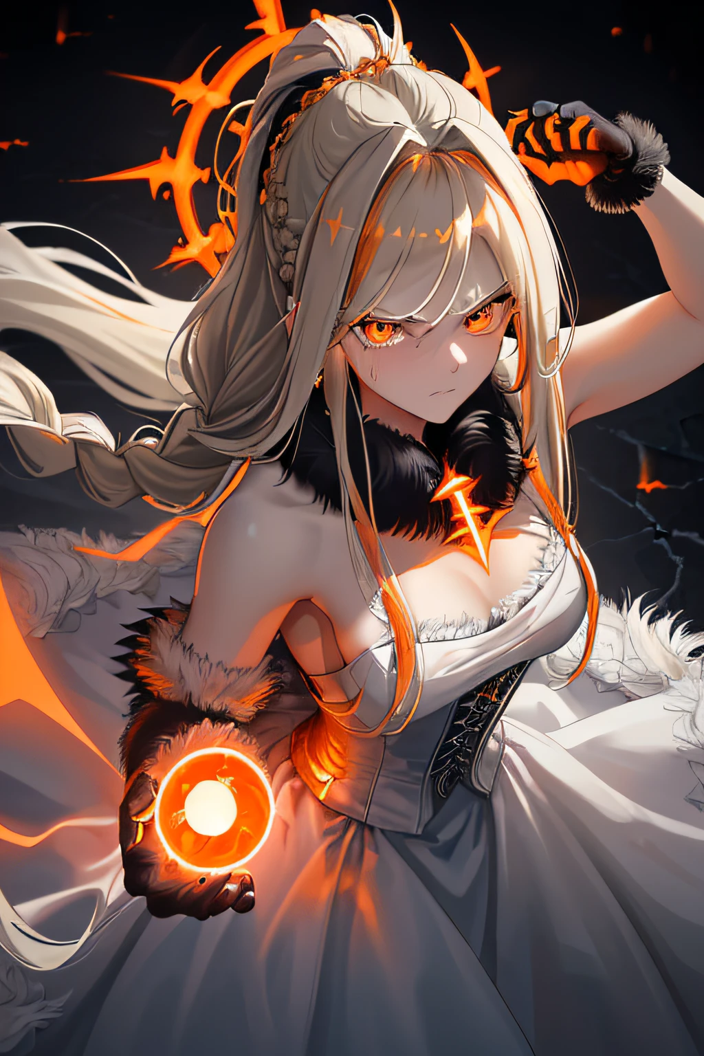 (best quality), high resolution, ((masterpiece)), 4k, portrait, ((from above)), (upper body), ((1girl)), (((detailed silver blonde flowing hair tied in half-down braid))), ((((swept bangs hairstyle)))), ((bright orange eyes)), (c-cup breasts), long legs, ((narrow eyes)), (((wearing aristocratic white dress with black accents and fur trimming))), ((((black fur collar)))), gems, (opera gloves), menacing glare, scowl, anger, standing, ((arm raised)), menacing atmosphere, ((dark room)), pillars, magic, dark orange glow, (((bright orange energy portals behind character))), lightning effects