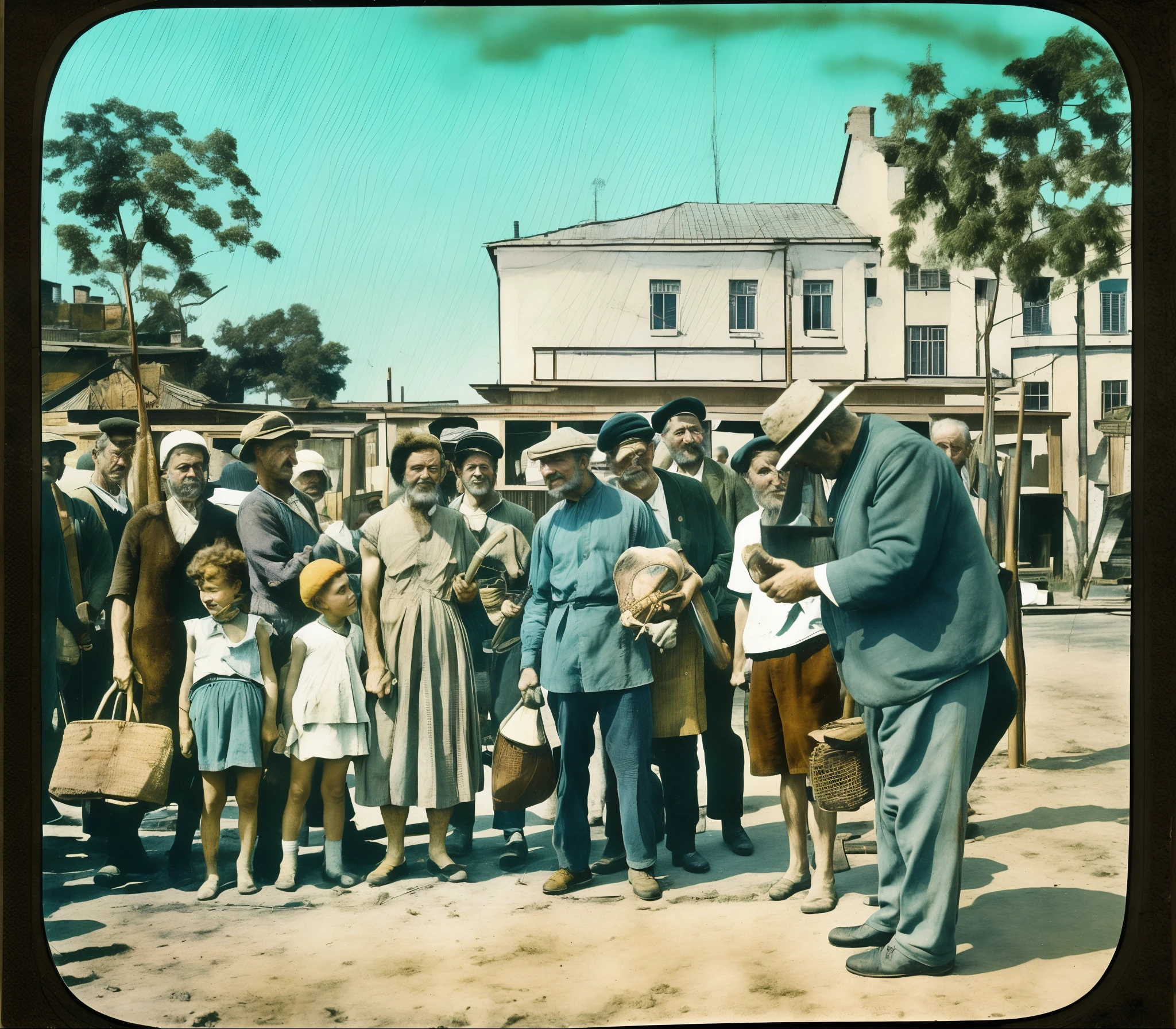 there are many people standing around a man holding a baseball bat, old color photo, vintage color photo, old color photograph, colourized, colorized, photo in color, colored photo, colourised, color film still, 4 k photo autochrome, by Ihor Podolchak, colorized photograph, color photos, colorized photo, by Albert J. Welti