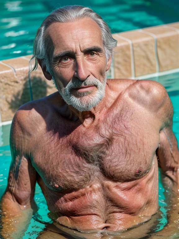 John Glover, An elder with a long beard and white hair, with a serene face wrinkles, looking producing, body older weak, skinny bones hairy, body naked, his shirt was open to reveal his stomach wrinkles older hairy weak and chest, arms legs neck hands feet skinny old and weak, shy and blushed, Lying in the bath swimming pool,master-piece,4K images,beste-Qualit