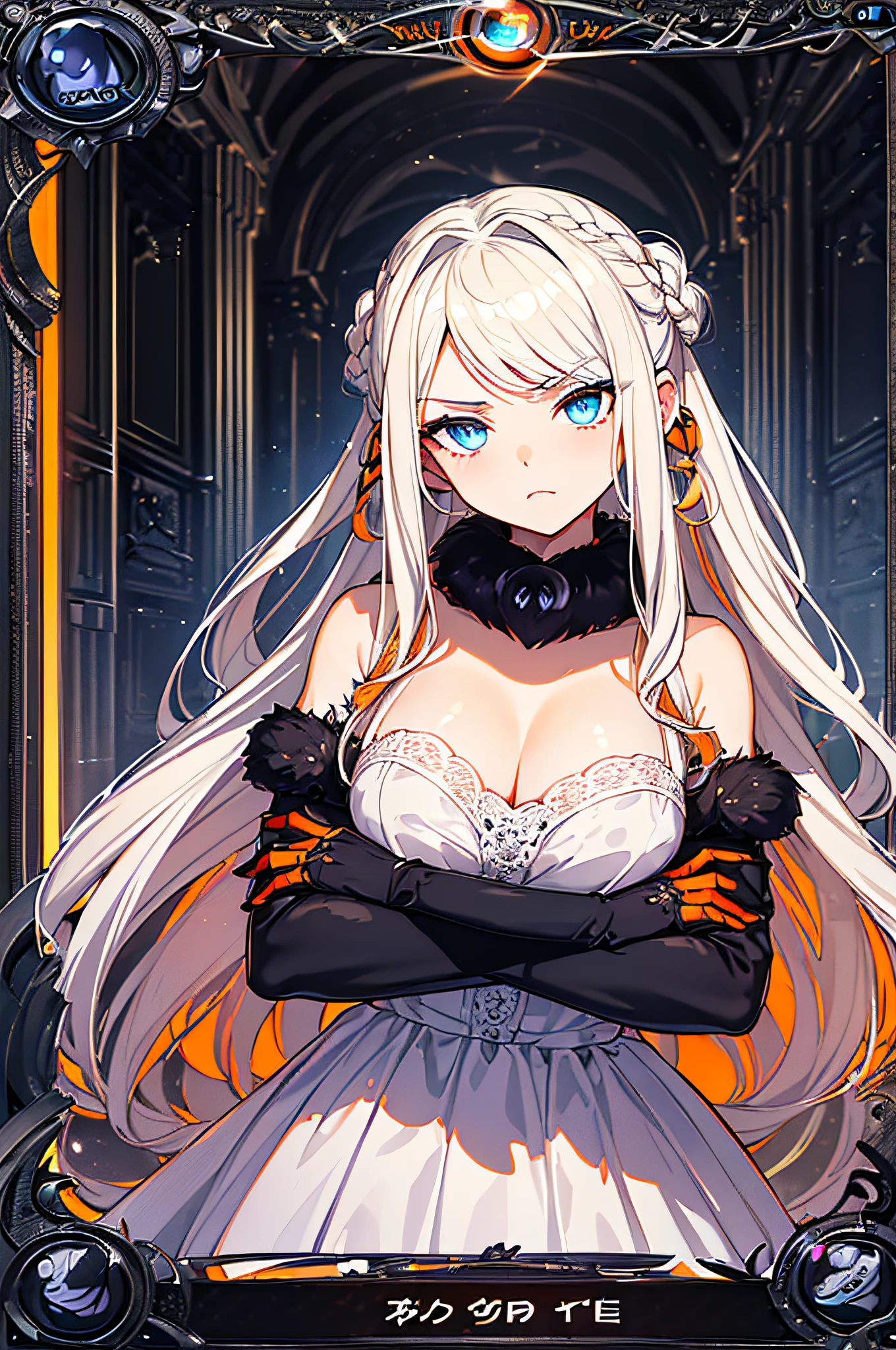 ((best quality)), ((masterpiece)), (detailed), perfect face, 4k, portrait, ((from front)), (upper body), ((1girl)), (((detailed silver blonde flowing hair tied in half-down braid))), ((((swept bangs hairstyle)))), ((bright sea blue eyes)), (c-cup breasts), long legs, ((narrow eyes)), (((wearing aristocratic white dress with black accents and fur trimming))), ((((black fur collar)))), gems, (opera gloves), stoic, scowl, elegant, standing, ((arm crossed)), menacing atmosphere, ((dark room)), magic, dark orange glow, (((bright orange energy portals behind character))), lightning effects