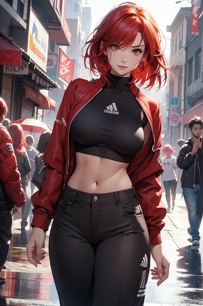 1female, 23 years old, she has short flowing light RED hair, hair straight, (short hair: 1.5), (red hair: 1.35), red eyebrows, brown eyes, (wearing a oversized black shirt), (wearing loose adidas pants), pants with folds, (sport pants), large breasts, big chest, wide hips, thick body, inflated thighs, hourglass waist, abs, fit, narrow waist, Bigchest,Wet straight hair From the front side, City, Village, summer, (Detailed background) (full detaile 8k), vfx, (perfectly detailed eyes), (looking at public) (dynamic pose:1.0),embarrassed,(centered,scale to fit dimensions,Rule of thirds), highres,sharp focus,(ultra detailed,extremely detailed),(photorealistic artwork:1.37),(extremely detailed CG unity 8k wallpaper),(((vibrant colors,vibrant theme))),(intricate),(masterpiece),(best quality), Emotive expressions,Open-mouthed, seductive look, smile, Chest sagging, extremely large bosom, Extremely colorful, standing on your feet, Cinmatic lightning, detailed background, Most detailed,fully body photo, The face is well lit, close up shot, zoomed in, (round face), (detailed face)