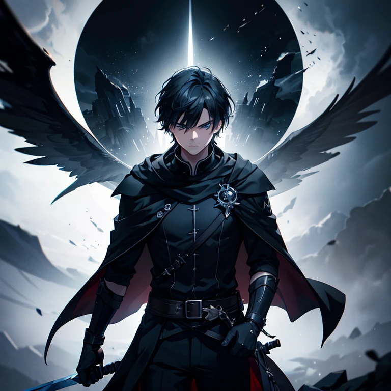 (best quality,4k,8k,highres,masterpiece:1.2), ultra-detailed, realistic:1.37, boy, HDR, dark, mysterious, detailed black cloak, flowing short black hair, piercing blue eyes, defined jawline, sharp facial features, intense gaze, muscular build, boy, skilled swordsmen, confident posture, dynamic action, swordsman's silhouette, moonlit night, glowing letter Z in the background, ethereal aura, atmospheric lighting, intense shadows, contrasty composition, dramatic color grading, noir style, cinematic, fantasy genre