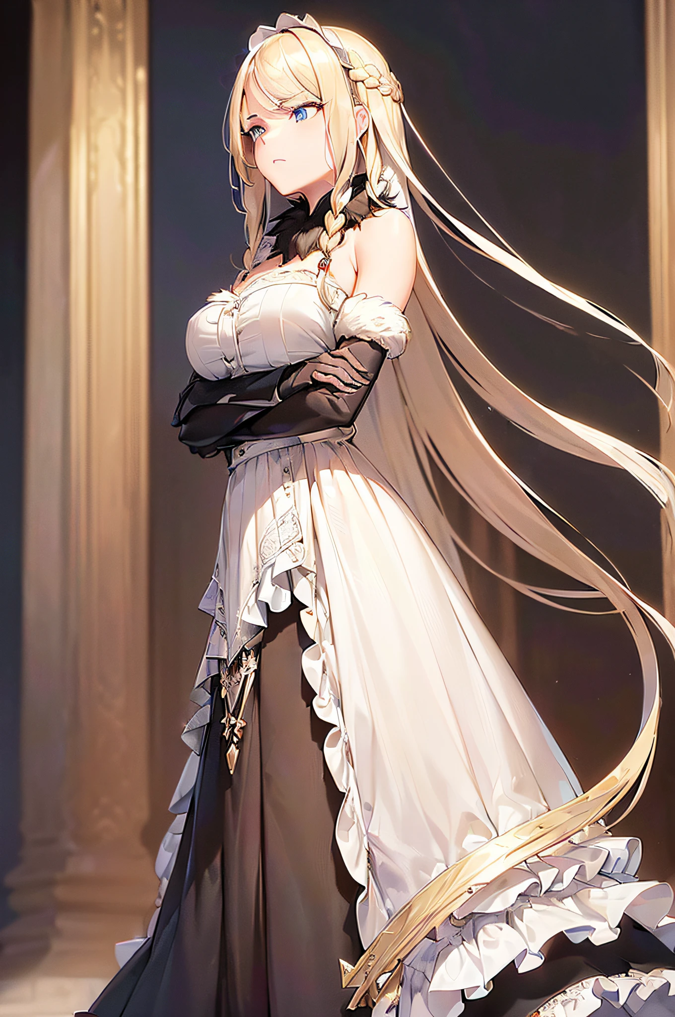 Anime style, high resolution, (masterpiece), 4k, (high detail), portrait, ((from side)), (full body), close up, ((1girl)), (((detailed silver blonde flowing hair tied in half-down braid))), ((((swept bangs hairstyle)))), (winged hairpin), ((bright sea blue eyes)), (c-cup breasts), long legs, ((narrow eyes)), (((wearing aristocratic white dress with black accents and fur trimming))), ((((black fur collar)))), gems, (opera gloves), stoic, scowl, elegant, standing, ((arms crossed)), red carpet, chandelier, castle ballroom background