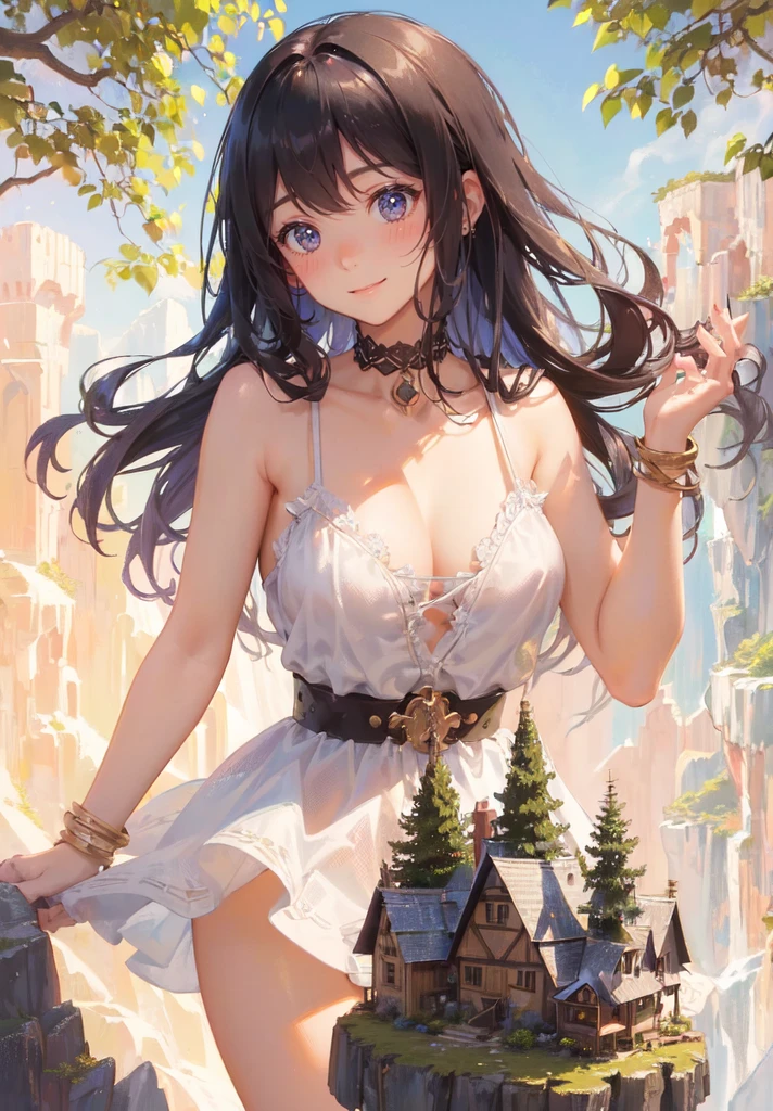 (tiny village with crowds of tiny people: 1.2), (a tiny village with crowd of adventurers on a tiny hill in front of the breasts of a giantess: 1.2), a giantess looming over tiny adventurers on a tiny hill, (tiny adventurers: 1.1), (tiny village and crowd of adventurers on a tiny cliff in front of a girl: 1.4), (height_difference:1.2), (size_difference:1.1), giantess girls in the background, simple background, (dark deep forest:1.1), (giantess:1.1), (collarbone), upper body, giantess girls in the background, multiple girls, (2girls:1.4), (giantess:1.1), deep dark forest, hills, cliffs, tiny village, dark forest, (giantess:1.2)