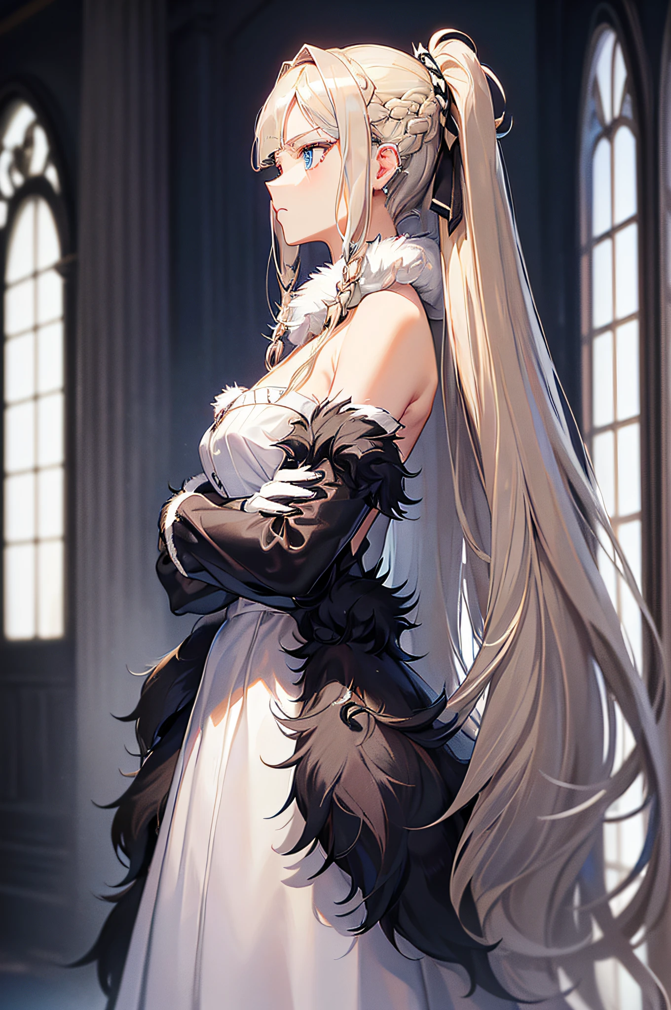 Anime style, high resolution, (masterpiece), 4k, (high detail), portrait, ((from side)), (full body), close up, ((1girl)), (((detailed silver blonde flowing hair tied in half-down braid))), ((((swept bangs hairstyle)))), (winged hairpin), ((bright sea blue eyes)), (c-cup breasts), long legs, ((narrow eyes)), (((wearing aristocratic white dress with black accents and fur trimming))), ((((black fur collar)))), gems, (opera gloves), stoic, scowl, elegant, standing, ((arms crossed)), red carpet, chandelier, castle ballroom background