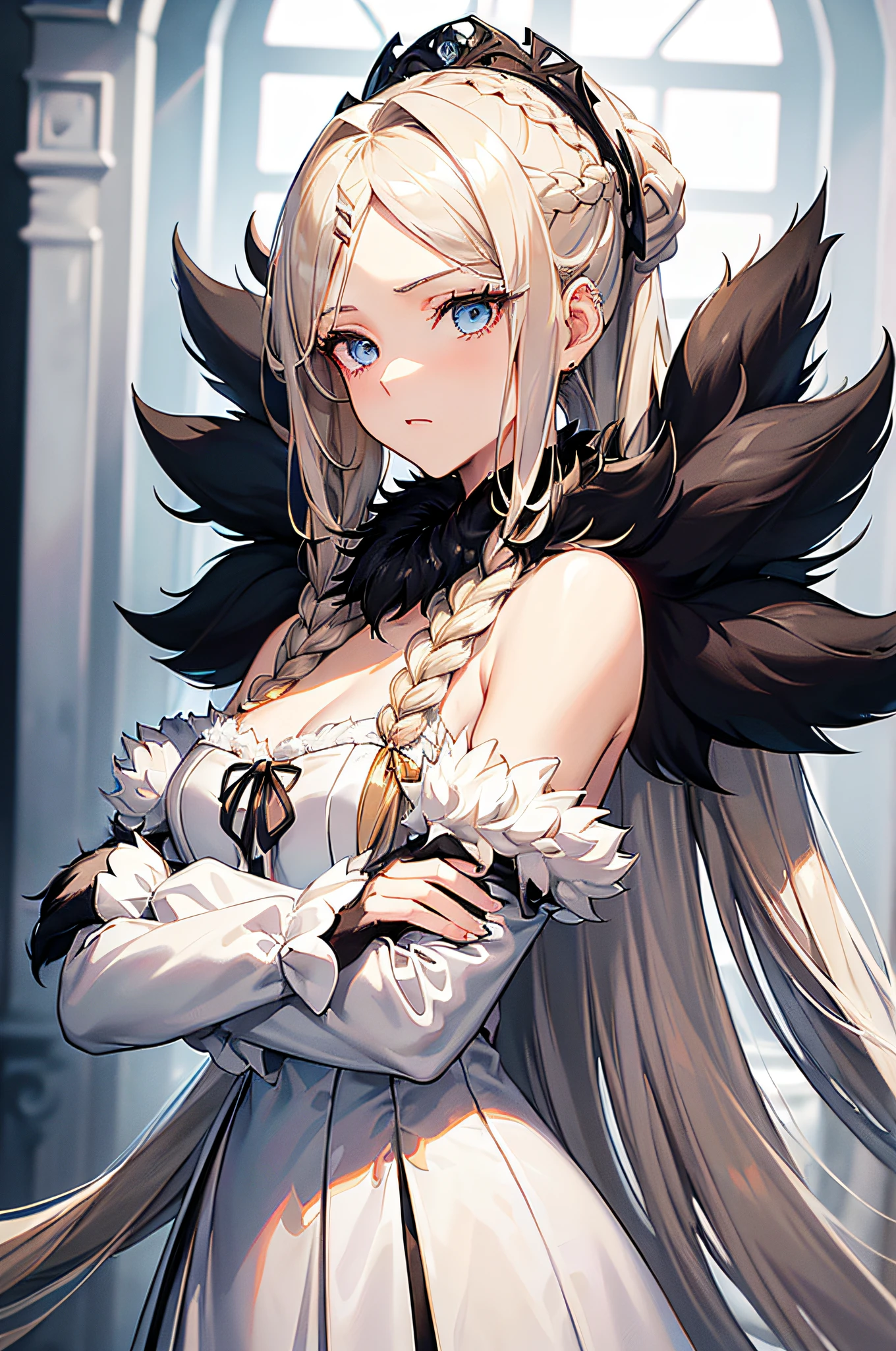 Anime style, high resolution, (masterpiece), 4k, (high detail), portrait, ((from side)), (full body), close up, ((1girl)), (((detailed silver blonde flowing hair tied in half-down braid))), ((((swept bangs hairstyle)))), (winged hairpin), ((bright sea blue eyes)), (c-cup breasts), long legs, ((narrow eyes)), (((wearing aristocratic white dress with black accents and fur trimming))), ((((black fur collar)))), gems, (opera gloves), stoic, scowl, elegant, standing, ((arms crossed)), red carpet, chandelier, castle ballroom background