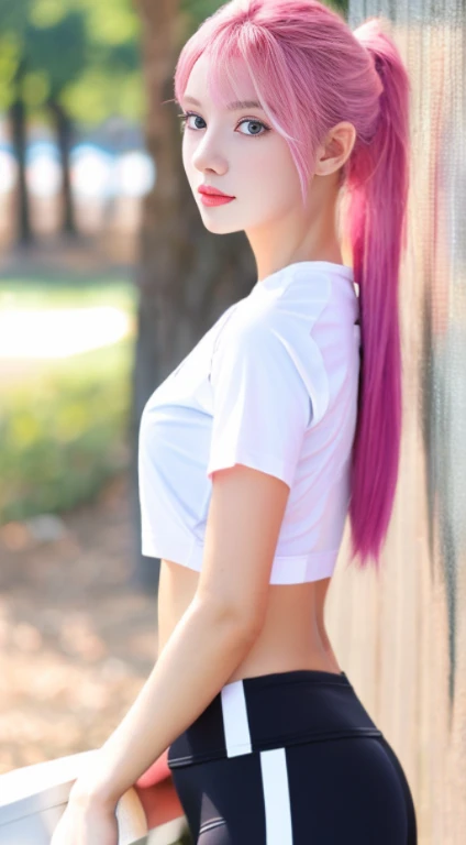A beautiful girl. White skin, blue eyes, sports body, large trays, long hair and ponytail, pink hair, short t-shirt, sportswear. While exercising