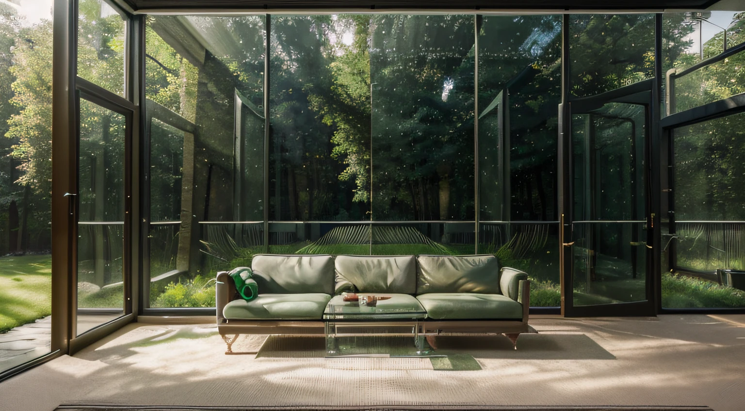 Music rehearsal studio, photorealistic, transparent glass walls, green sofa, nature outdoor background, green center carpet, 8k, raw photo, best quality, masterpiece