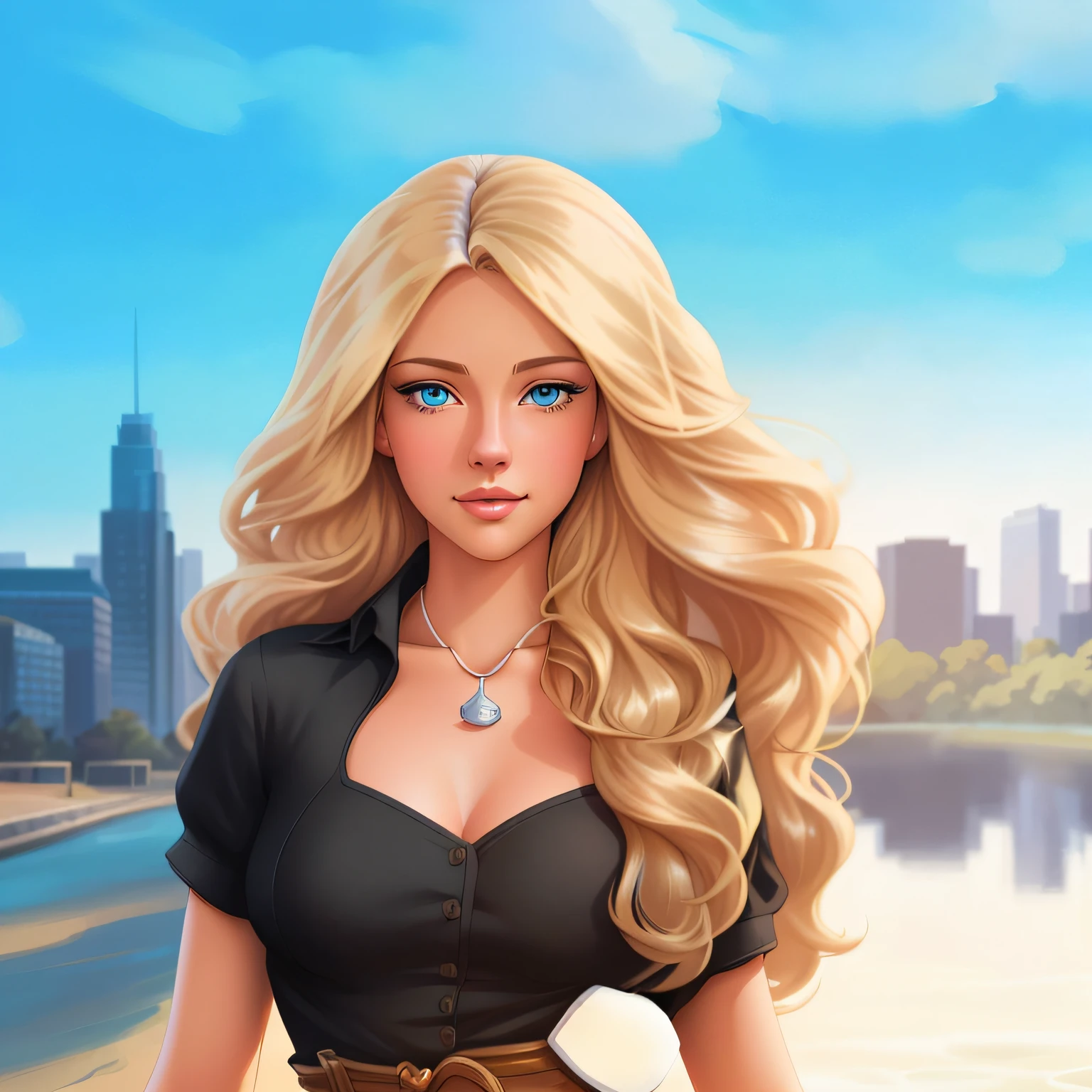 blond woman with blue eyes and a natural black top standing in front of a river, solid background, in style of digital illustration, city, official illustration, beautiful screenshot, beautiful illustration, solid color in the background, cartoon style illustration, detailed digital artwork,  girl fanart, realistic digital illustration, detailed realistic beautiful, close portrait, city in background, medium close up shot
