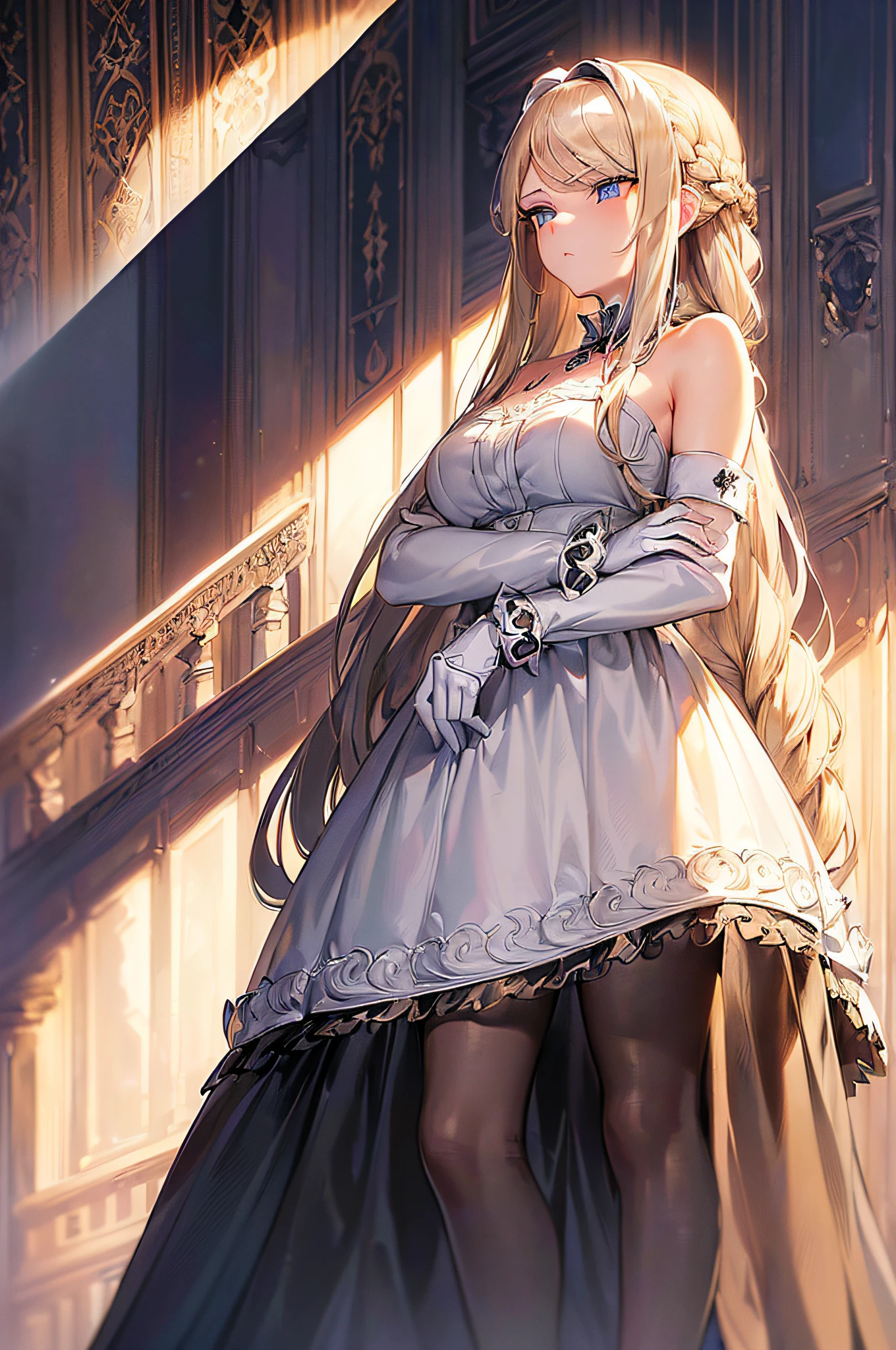 Anime style, high resolution, (masterpiece), 4k, (high detail), portrait, ((from side)), (full body), close up, ((1girl)), (((detailed silver blonde flowing hair tied in half-down braid))), ((((swept bangs hairstyle)))), (winged hairpin), ((bright sea blue eyes)), (c-cup breasts), long legs, ((narrow eyes)), (((wearing aristocratic white dress with black accents and fur trimming))), ((((black fur collar)))), gems, (opera gloves), stoic, scowl, elegant, standing, ((arms crossed)), red carpet, chandelier, castle ballroom background