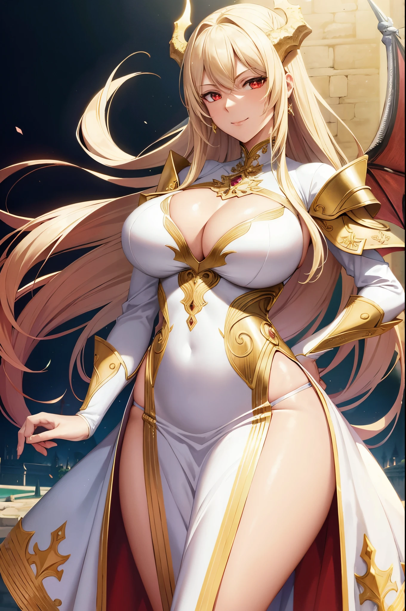 master piece, highly detailed, ultra-detailed, Alone, (1Woman), mature, tall, MILF, long hair, blonde hair, Dragon woman, white dragon, golden dragon horns, dragon wings, White scales, ,gorgeous, charming, red eyes, elegant, above average busts, perky breasts, curvy ass, imperial dress, white dress, golden embroidery, imperatiz, friendly smile, soft smile, maternal, charming, flame, medieval background, medieval castle, Dark.