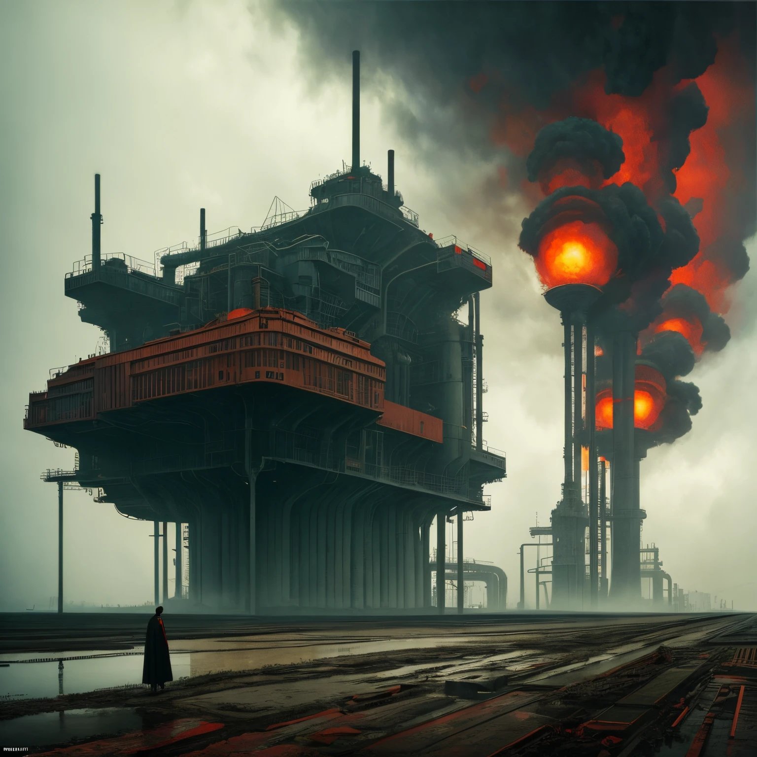 an industrial plant in a perfect storm, striking colorful composition, disturbance into the matrix, high contrast, a hallucinating visual , SILHOUETTES DANCING, old masters fine art look, Zdzislaw Beksinski collaboration with reinterpreted by Remedios Varo, chiaroscuro, homelike visionary dream brimming with viscose and dry, 8k @udar007 --auto