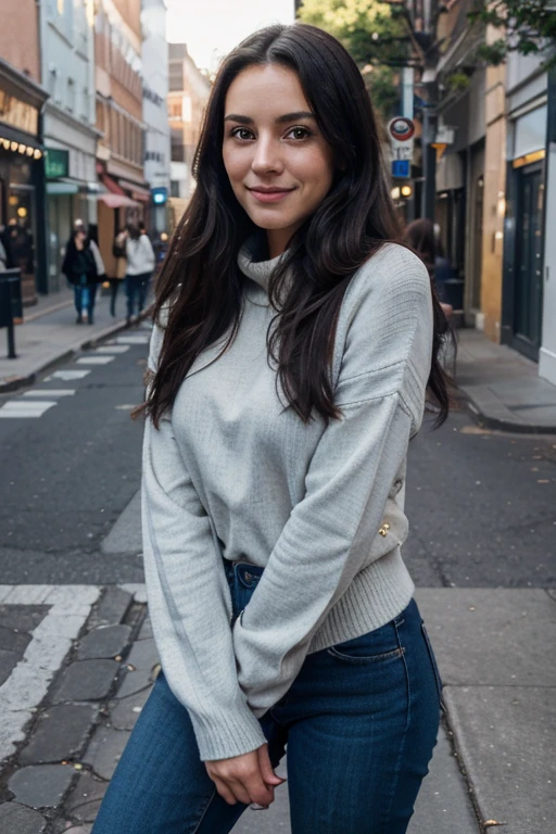 1girl, Solo, One woman of about 25 years old, black long hair, Close-up portrait, Hazel eyes, happy face,sweater, blue jeans, boots, dynamic pose, standing outside, street photography, mature woman, body measurement 36-25-35, RAW Photography, 8k, , Masterpiece, Full Body Shooting, Top Quality, Fine Pore, Realistic, Photorealistic, Ultra Detailed