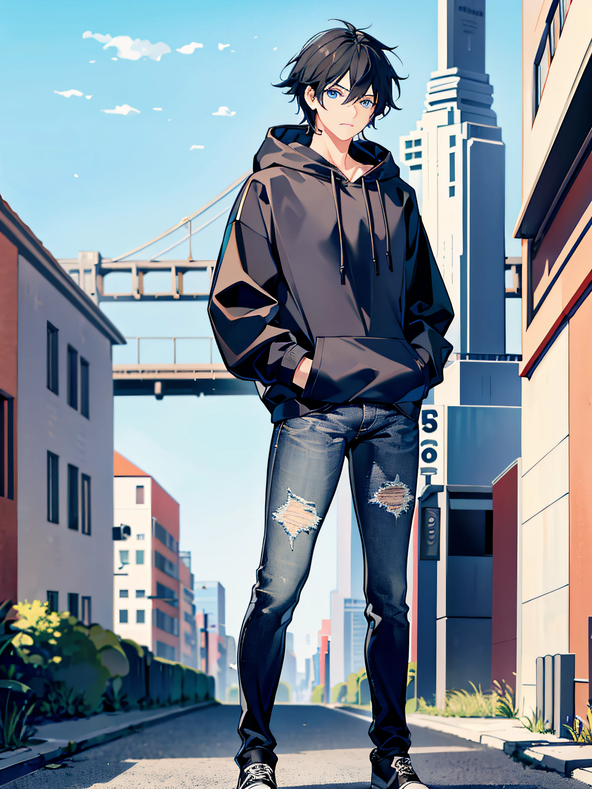 1guy, short black hair, blue eyes, wearing plain gray hoodie, jeans, city, absurdres, high res, ultrasharp, 8K, masterpiece, looking at viewer