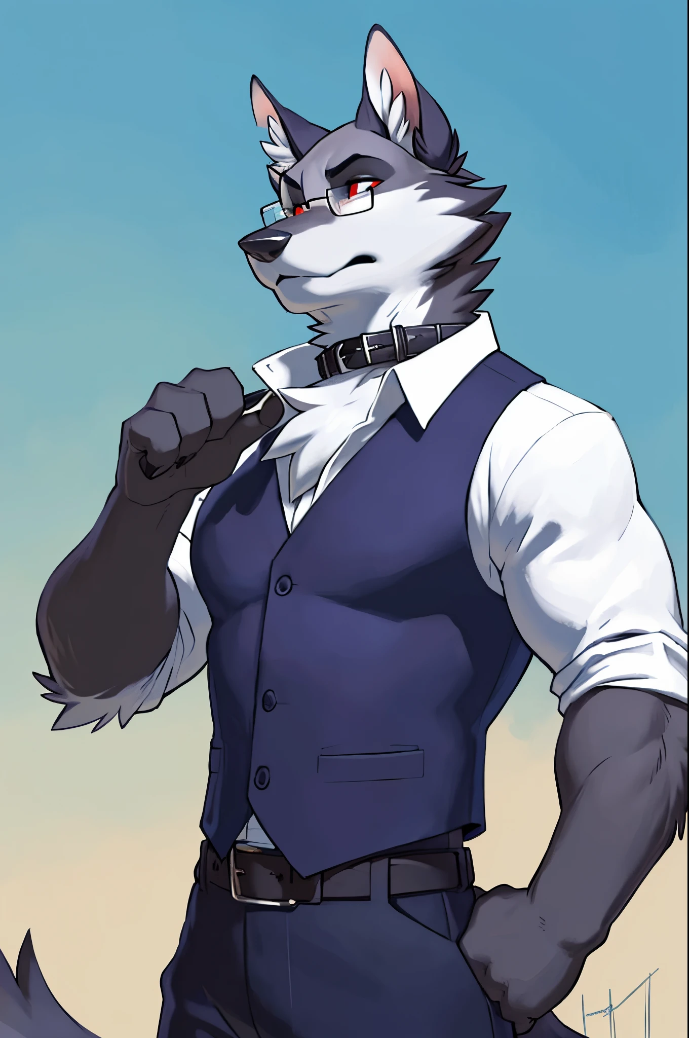 solo:1 vortex:0.8 \(helluva boss\), hellhound, skinny:1, masculine:1.2, black body, grey fur, red sclera, white eyes, male, (correct anatomy):1, solo, bare paws, red eyelids, black pupils, glasses, blue:2.4 vest, black collar, collared (white shirt):1.4 long sleeves, black pants, belt, by takemoto arashi, by meesh, by Taran Fiddler)