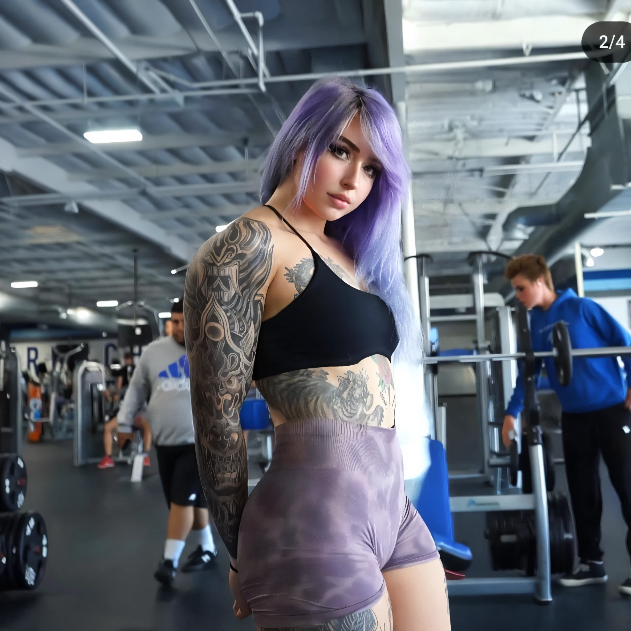 mulher arafa com cabelo roxo e tatuagens posando em uma academia, corpo totalmente tatuado, Coberto, modelo fitness, Tatuado, beautiful thick female, corpo tatuado, Tanque Violeta Apertado, thicc, em uma academia, com tatuagens, corpo roxo, Angie Glocka, menina em forma, bra and shorts streetwear, tinta pesada, pernas grossas, coxas grossas