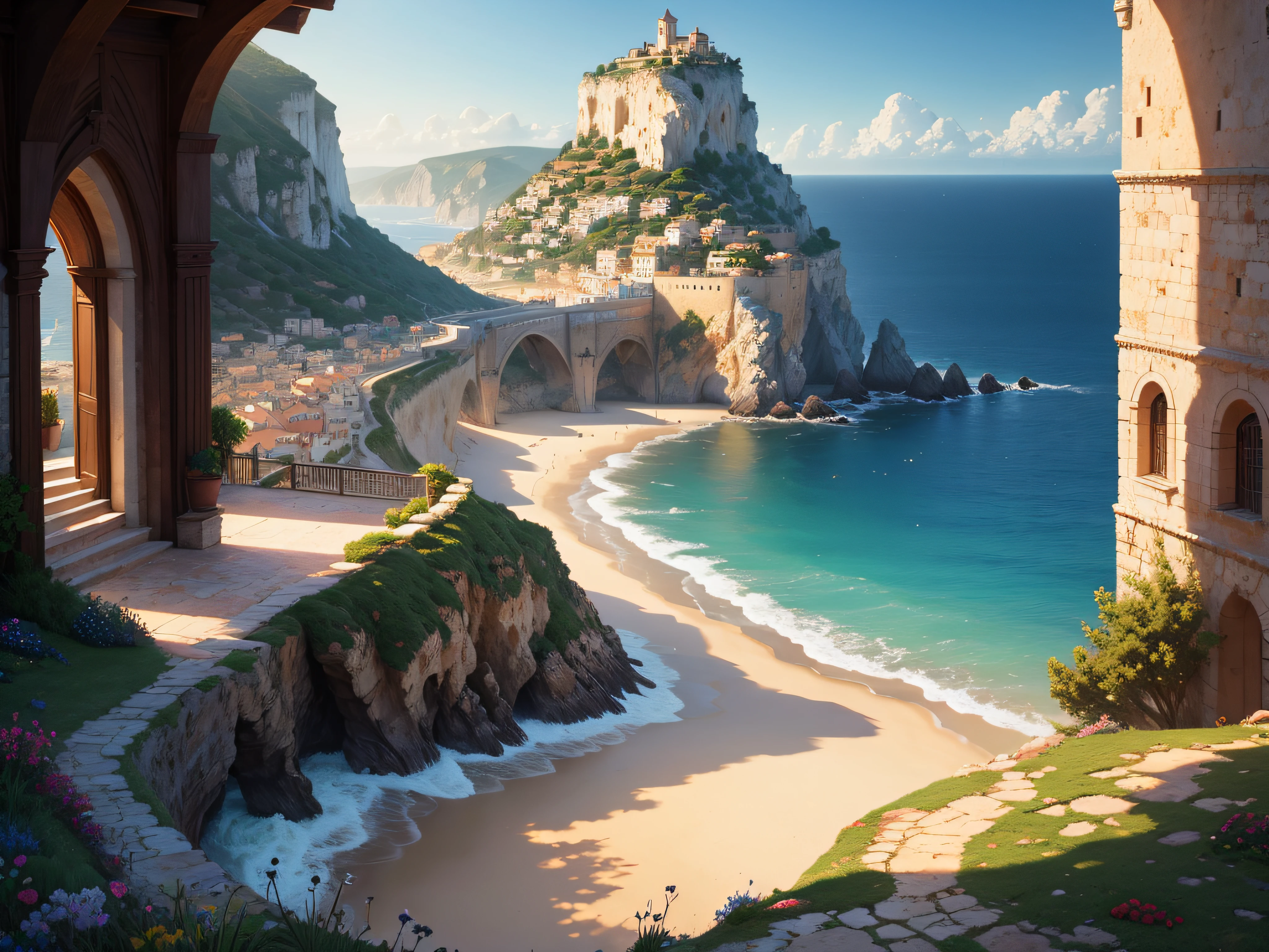 A beautiful painting of a mediterranean cliffside town , ocean view, meaningful scene that is moody in the style of Thomas Kinkade ,HD 4k , seamless texture