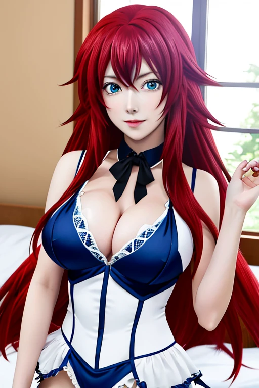 masterpiece, best quality, highres, rias gremory, 1girl, long hair, red hair, ahoge, blue eyes, large breasts, very long hair, breasts, huge ahoge, bedroom, nuisette, wearing a nuisette